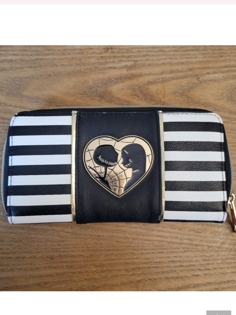 Striped Black & White Heart-Applique Zip Wallet